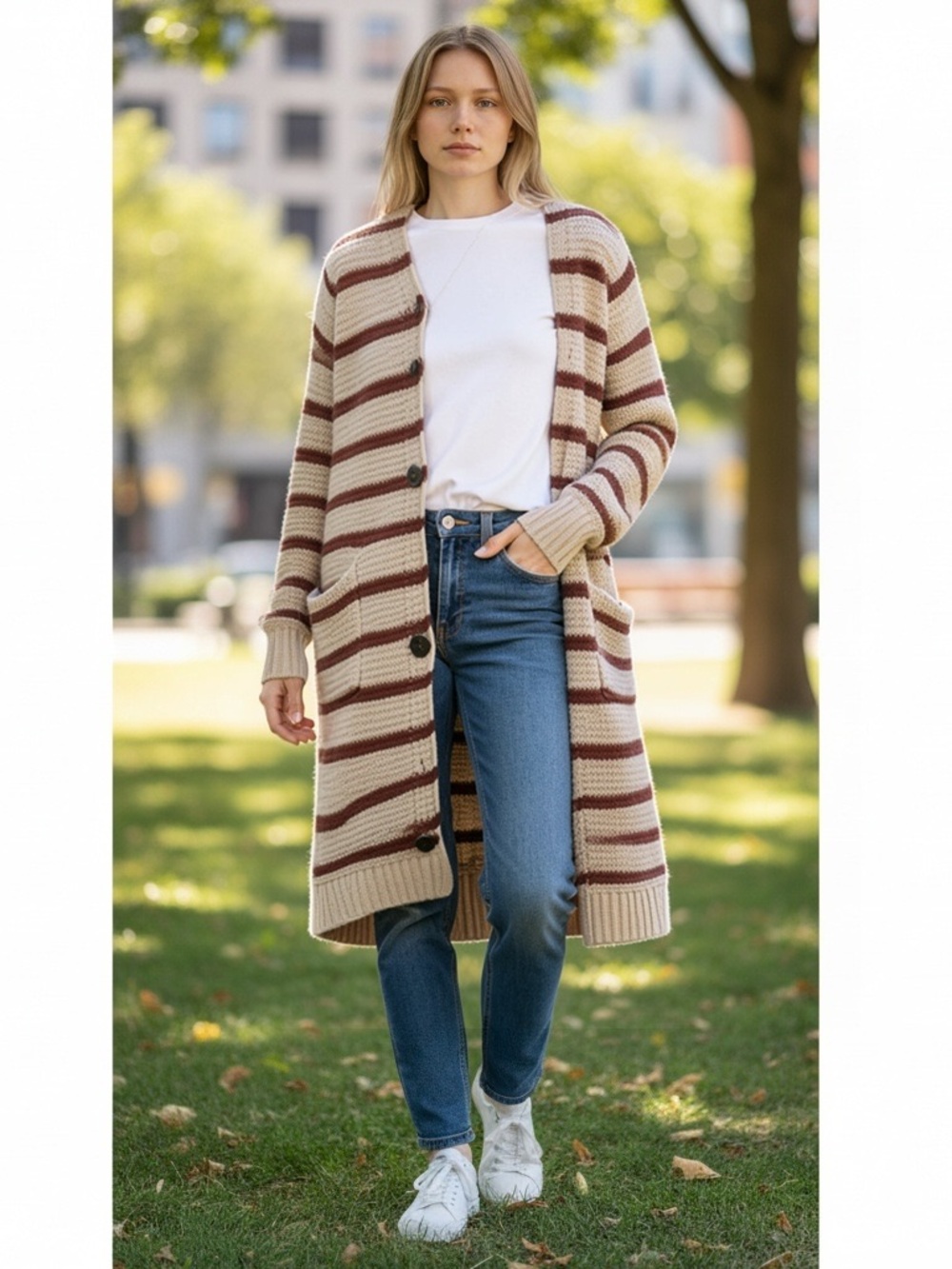 Anthropologie Easel Boho Striped Maxi Cardigan Button Fall Sweater Womens S/M